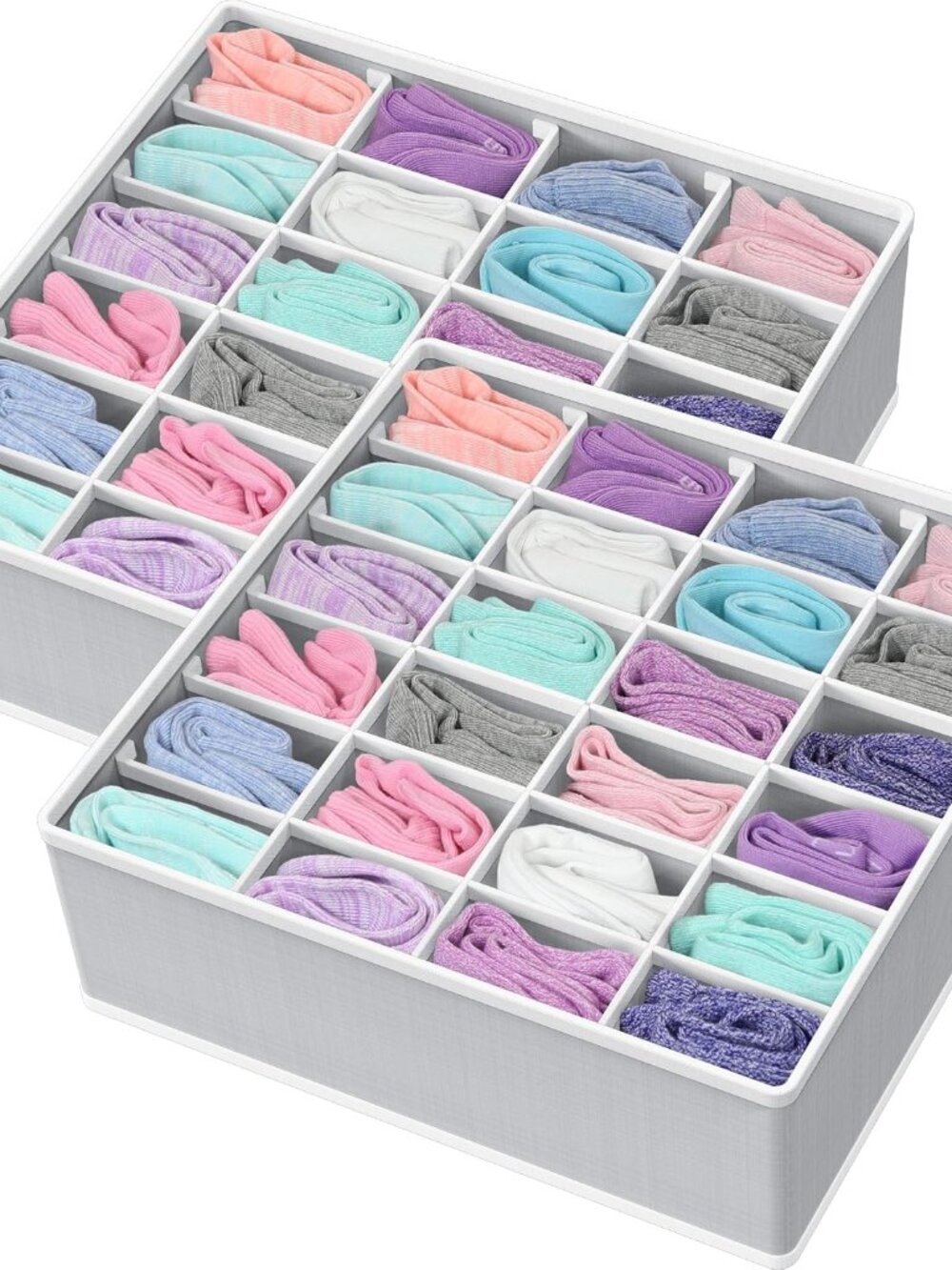 2 Pack Closet Sock Organizer, 24 Cell, Gray